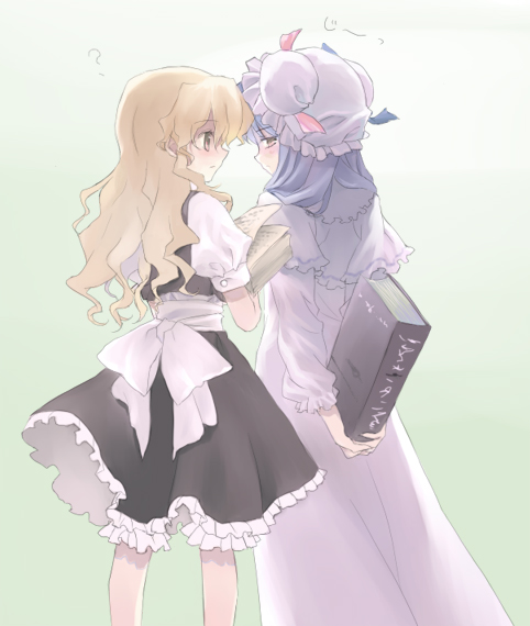 amakura, kirisame marisa, patchouli knowledge, touhou, looking away, 2girls, ?, arms behind back, blonde hair, bloomers, blush, book, female focus, from behind, hat, holding, holding book, looking back, multiple girls, no headwear, puffy sleeves, short sleeves, simple background, standing, underwear, wavy hair, white bloomers