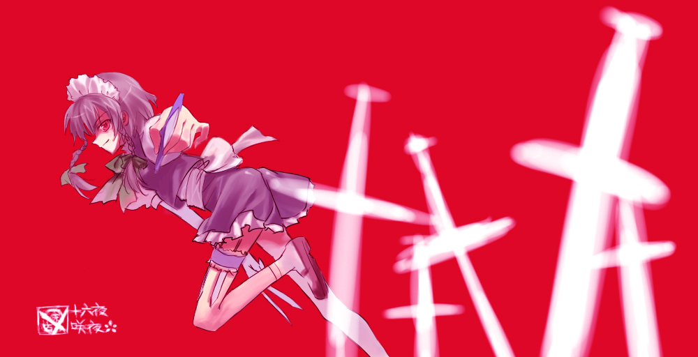 amakura, izayoi sakuya, touhou, silver hair, 1girl, braid, female focus, knife, short hair, solo, throwing knife, twin braids, weapon
