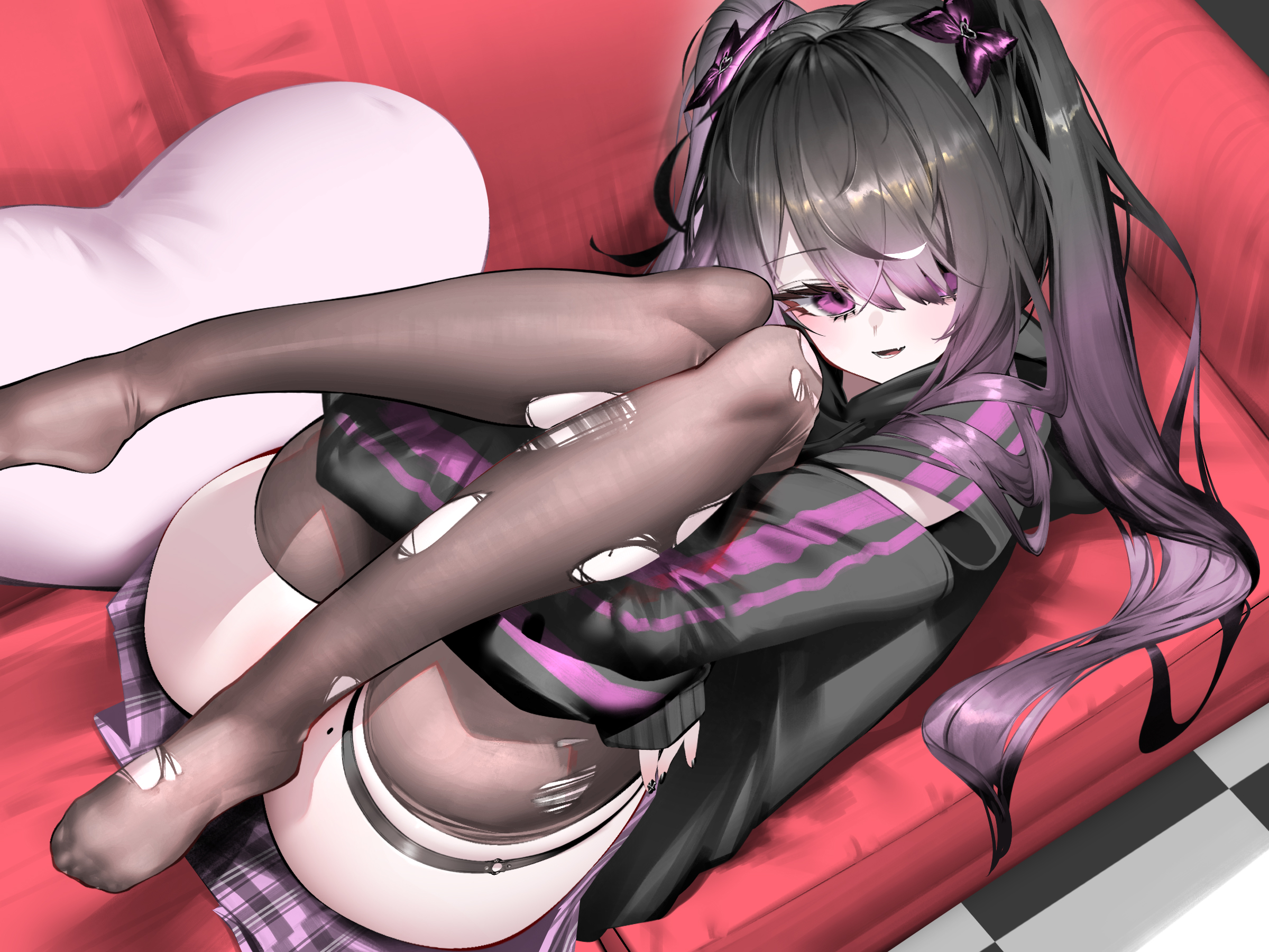 inumata ichini, original, highres, 1girl, ass, black hair, black hoodie, black nails, black thighhighs, blush, bow, brown thighhighs, couch, cushion, feet, garter straps, gradient hair, hair between eyes, hair bow, hair ornament, hair over one eye, heart, heart-shaped pillow, hood, hood down, hoodie, hugging own legs, knees to chest, knees together feet apart, knees up, legs, legs up, long hair, long sleeves, looking at viewer, lying, miniskirt, mole, mole on thigh, mole under eye, multicolored hair, no panties, no shoes, on back, on couch, one eye covered, open mouth, pantyhose, pillow, plaid clothes, plaid skirt, pleated skirt, purple eyes, purple hair, purple skirt, sidelocks, skindentation, skirt, sleeves past wrists, smile, solo, thigh strap, thighhighs, thighs, toes, torn clothes, torn thighhighs, twintails