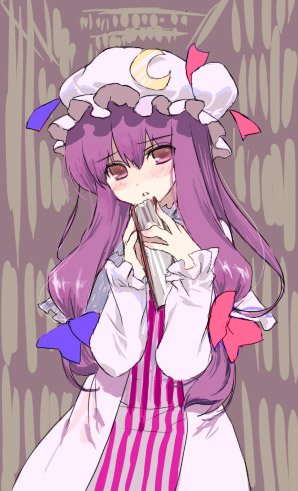 amakura, patchouli knowledge, touhou, lowres, 1girl, book, bow, female focus, hair ribbon, hat, long hair, pink bow, purple eyes, purple hair, ribbon, solo