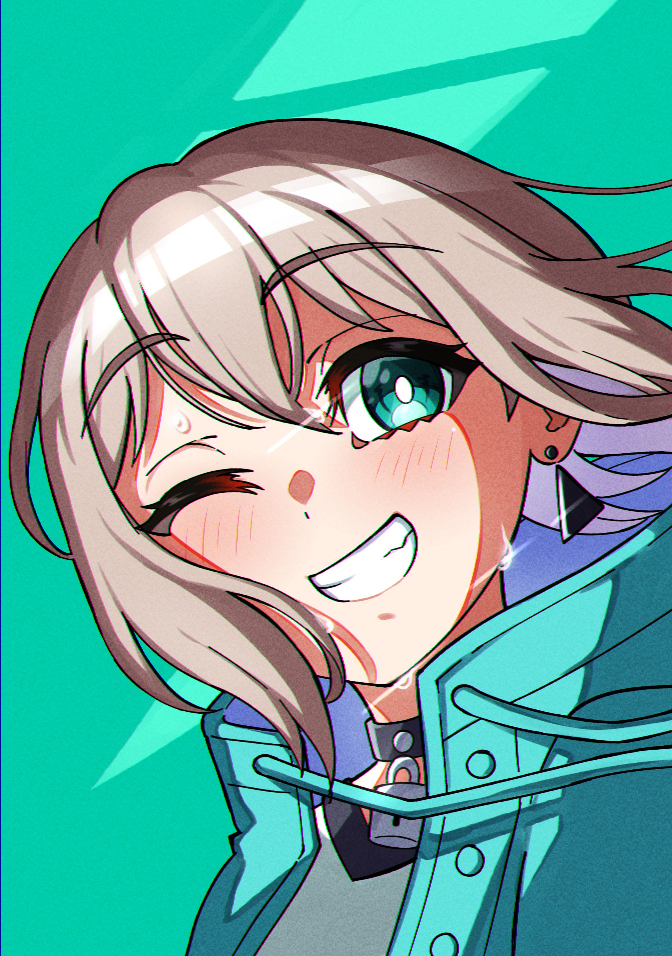 junji 17, aoba moca, bang dream!, absurdres, commentary, highres, 1girl, aqua background, aqua eyes, black choker, blue jacket, blush, choker, clenched teeth, earrings, fang, grey hair, hair between eyes, jacket, jewelry, looking at viewer, one eye closed, padlocked choker, short hair, smile, solo, sweat, teeth, upper body
