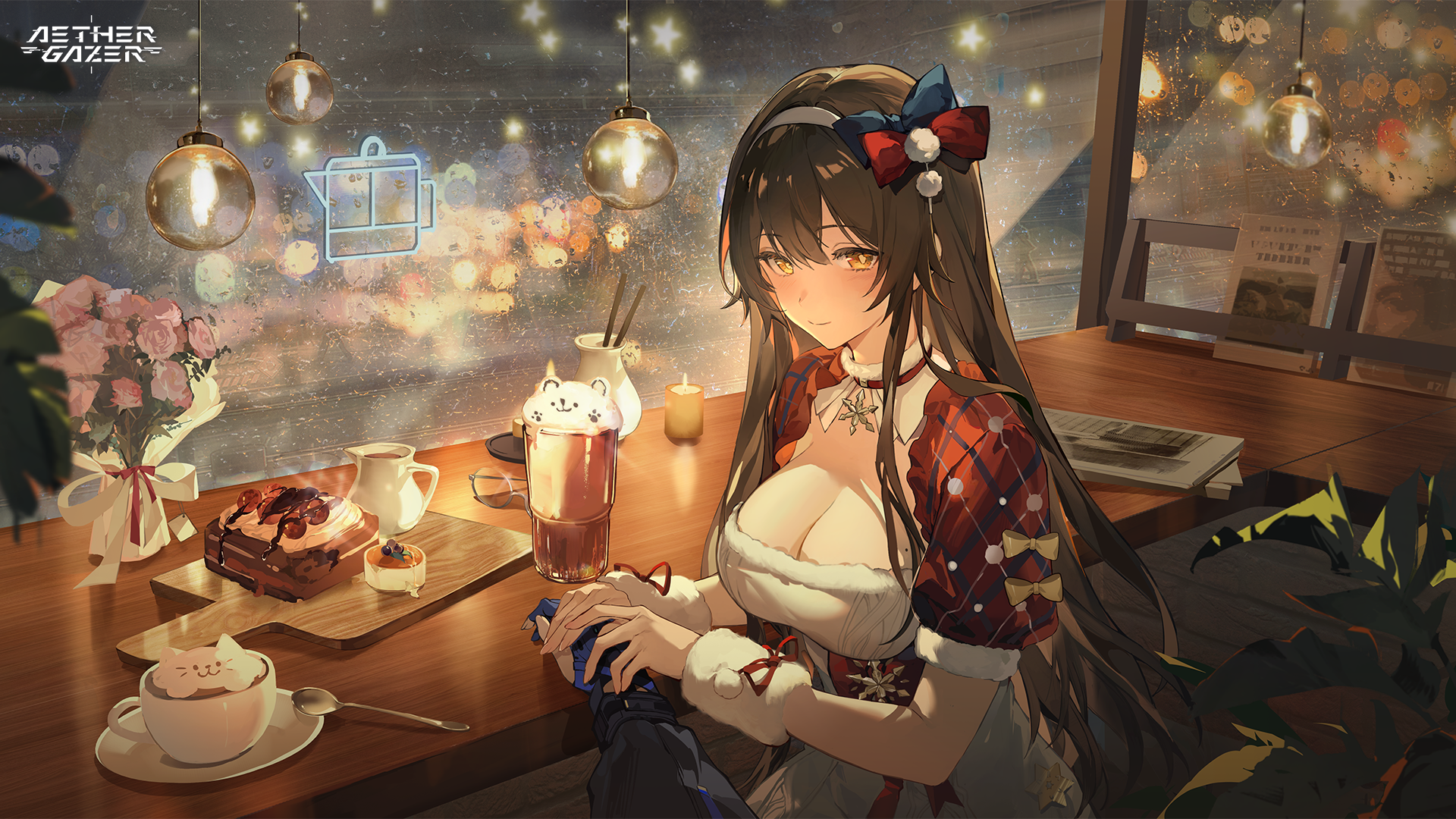 aether gazer, artist request, character request, highres, official art, second-party source, 1girl, blue bow, bow, breasts, candle, cleavage, closed mouth, copyright name, cup, dress, flower, fur-trimmed dress, fur trim, glasses, hair bow, hair ornament, hairband, holding hands, long hair, pink flower, plant, pom pom (clothes), pom pom hair ornament, red bow, saucer, spoon, unworn eyewear, white dress, white hairband, window, yellow eyes