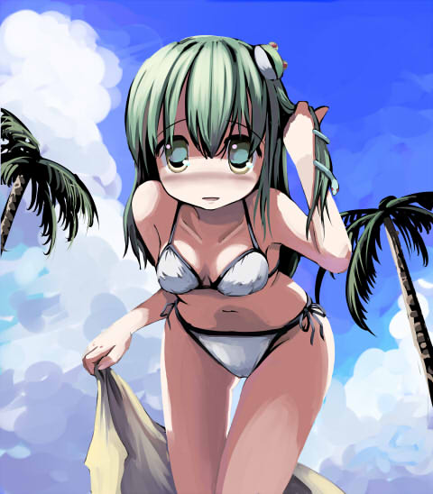 gatau, kochiya sanae, touhou, 1girl, bikini, breasts, cloud, day, female focus, green eyes, green hair, matching hair/eyes, nature, outdoors, palm tree, plant, sky, solo, swimsuit, tree, white bikini