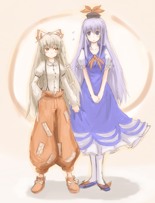 kokotetsu, fujiwara no mokou, kamishirasawa keine, touhou, silver hair, 2girls, blue eyes, female focus, full body, hair ribbon, hat, long hair, multiple girls, pants, purple hair, red eyes, ribbon, standing, suspenders, sweatdrop