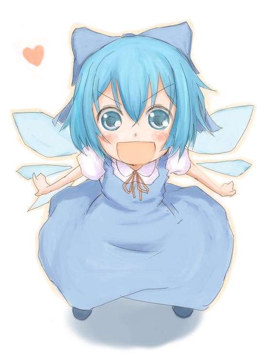 kokotetsu, cirno, embodiment of scarlet devil, touhou, 1girl, blue eyes, blue hair, bow, dress, female focus, full body, heart, matching hair/eyes, short hair, solo, white background, wings