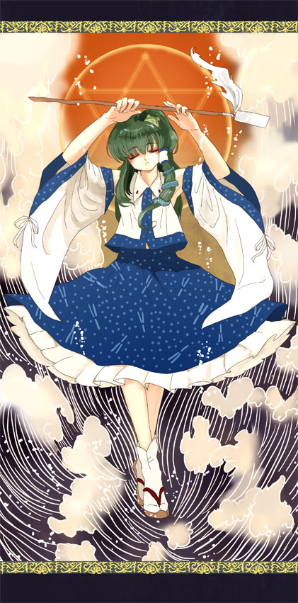 tsurui, kochiya sanae, touhou, 1girl, closed eyes, detached sleeves, female focus, fine art parody, green hair, hexagram, hydrokinesis, japanese clothes, magic circle, miko, nihonga, parody, solo, standing, tabi, ukiyo-e, water
