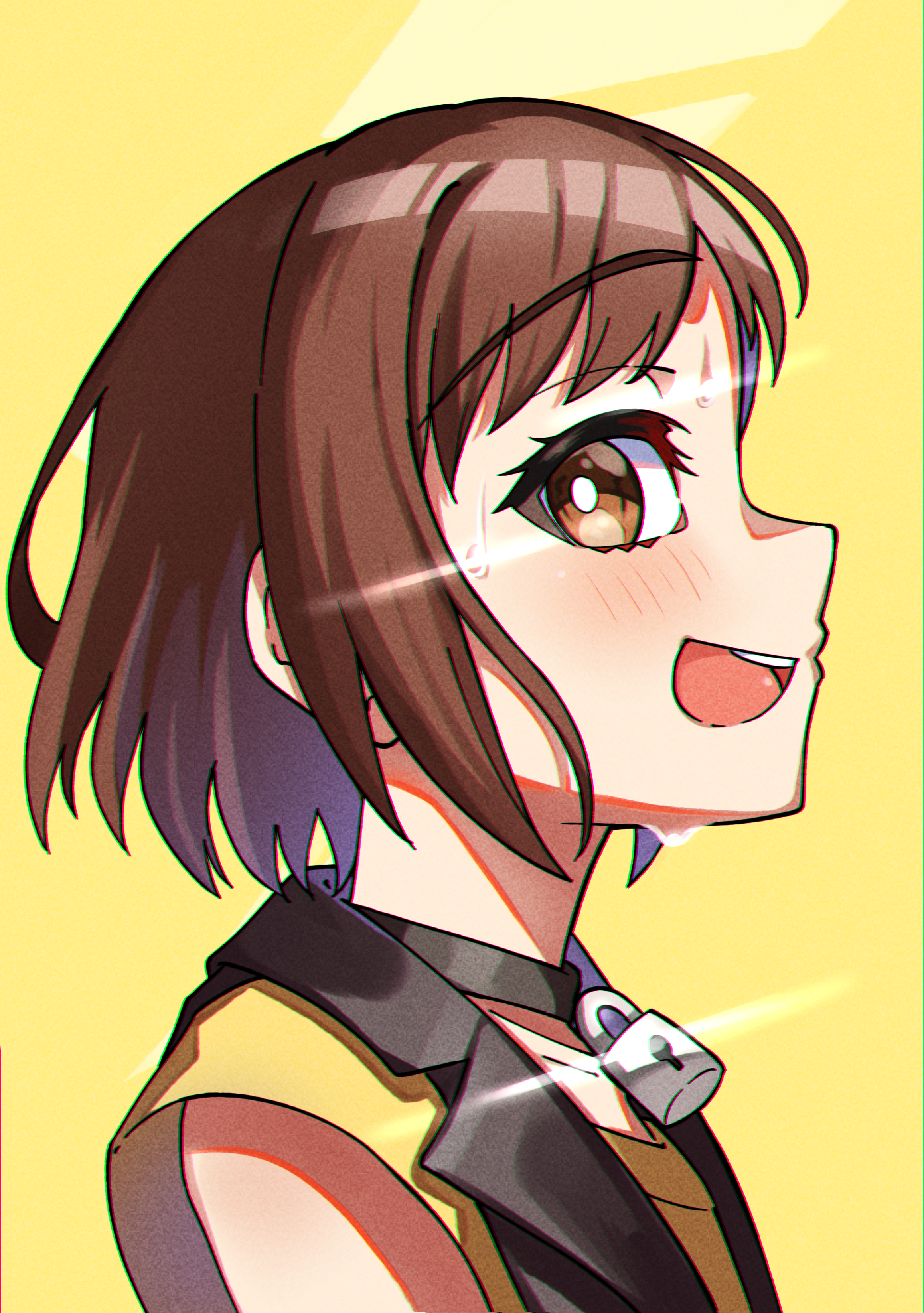 junji 17, hazawa tsugumi, bang dream!, absurdres, commentary, highres, 1girl, black choker, blush, brown eyes, brown hair, choker, open mouth, padlocked choker, short hair, solo, teeth, upper body, upper teeth only, yellow background