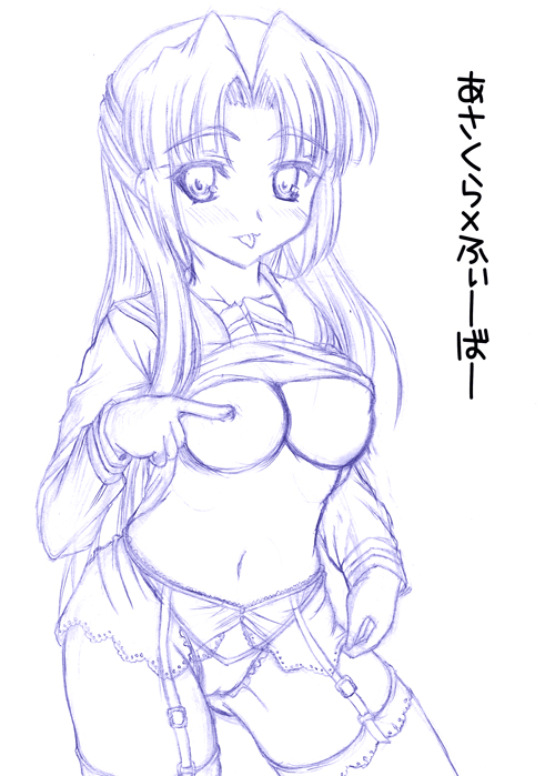 johnny (from scratch), asakura ryoko, suzumiya haruhi no yuuutsu, 00s, 1girl, :p, breasts, clothes lift, female focus, garter belt, lingerie, long hair, medium breasts, monochrome, no bra, no pants, panties, purple theme, school uniform, serafuku, shirt lift, solo, tongue, tongue out, underwear