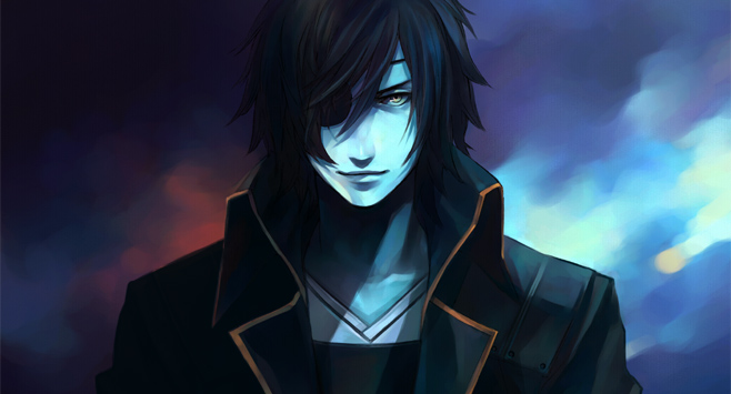 date masamune (sengoku basara), sengoku basara, 00s, 1boy, black hair, cloud, eyepatch, male focus, short hair, sky, solo