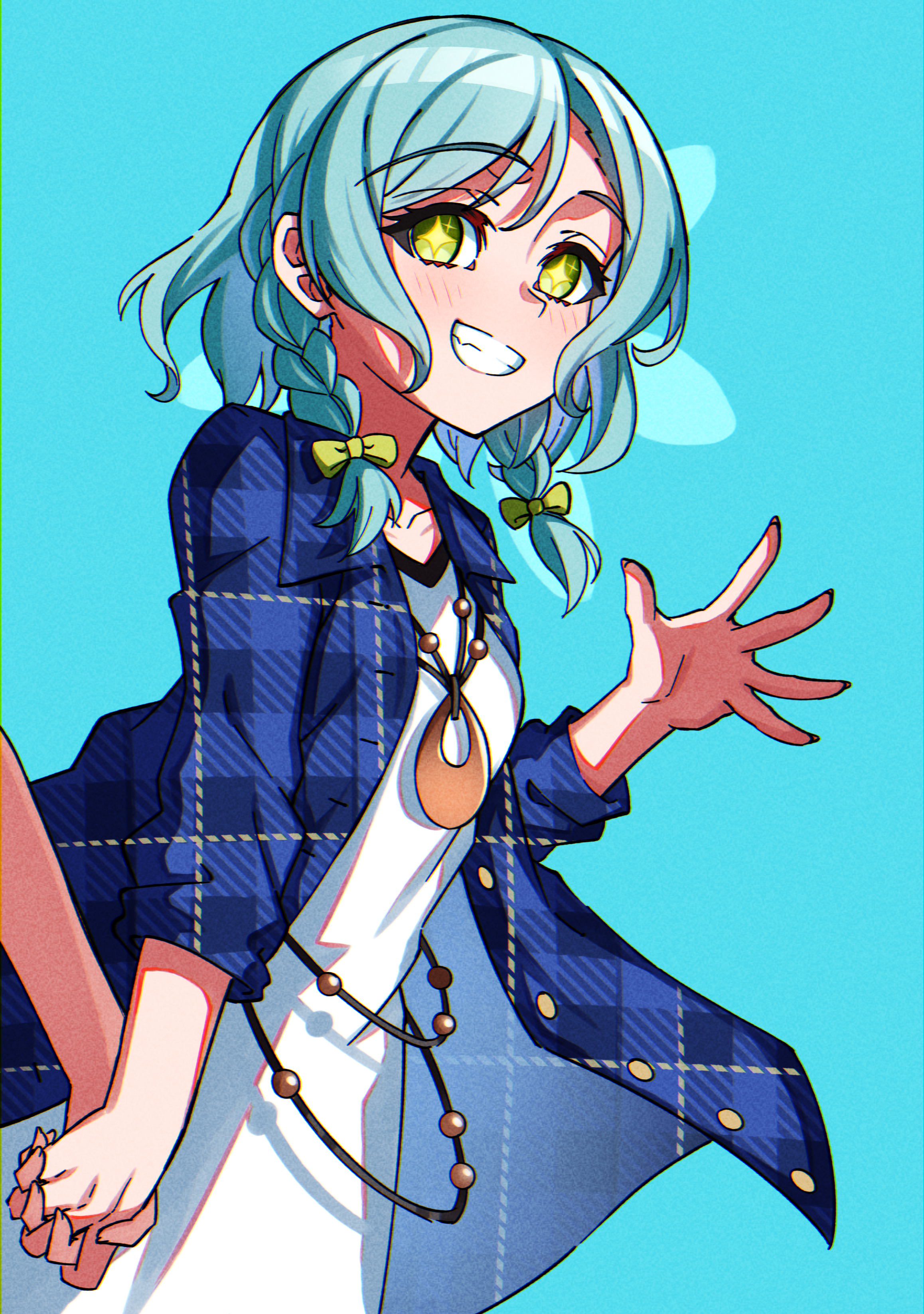 junji 17, hikawa hina, hikawa sayo, bang dream!, absurdres, commentary, highres, 2girls, aqua background, aqua hair, blue jacket, braid, breasts, clenched teeth, dress, fang, green eyes, holding hands, interlocked fingers, jacket, medium breasts, medium hair, multiple girls, plaid clothes, plaid jacket, siblings, side braids, sisters, star-shaped pupils, star (symbol), symbol-shaped pupils, teeth, twins, unmoving pattern, white dress