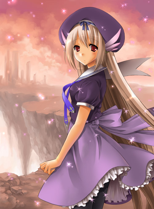 kagetsu suzu, original, 1girl, black pantyhose, blonde hair, fantasy, female focus, hat, long hair, pantyhose, red eyes, solo, very long hair