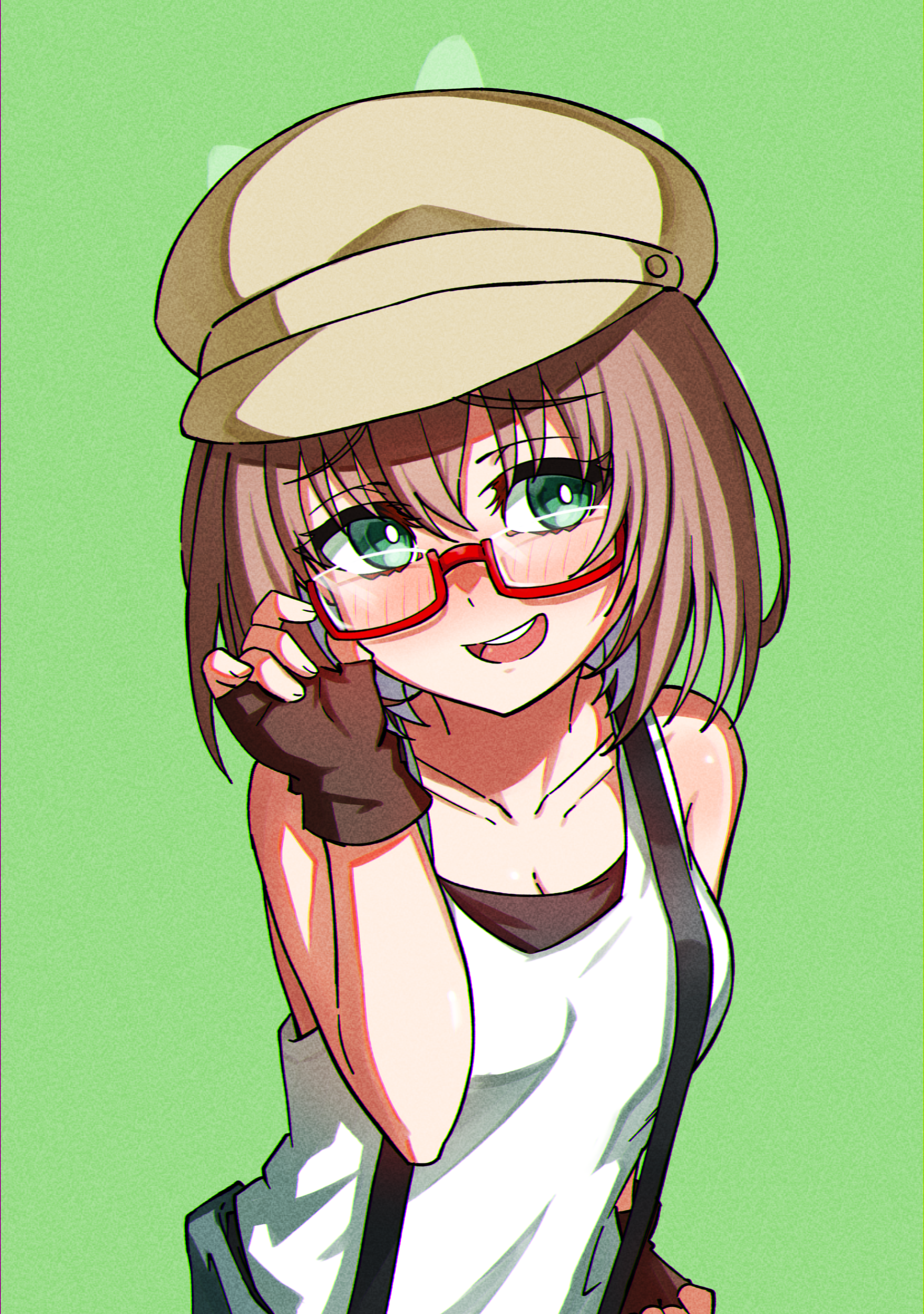 junji 17, yamato maya, bang dream!, absurdres, commentary, highres, 1girl, black gloves, blush, breasts, brown hair, brown hat, cleavage, fingerless gloves, glasses, gloves, green background, green eyes, hair between eyes, hat, medium breasts, medium hair, open mouth, red-framed eyewear, semi-rimless eyewear, solo, suspenders, tank top, teeth, under-rim eyewear, upper teeth only, white tank top