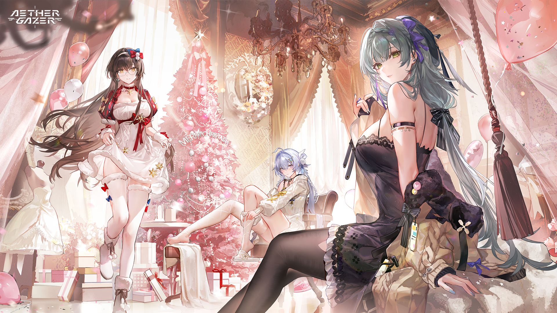 aether gazer, artist request, character request, highres, official art, second-party source, 3girls, arm strap, balloon, black bow, black dress, black hair, black pantyhose, blue bow, boots, bow, box, braid, breasts, chandelier, christmas ornaments, christmas tree, cleavage, copyright name, dress, earrings, fur-trimmed boots, fur-trimmed thighhighs, fur trim, gift, gift box, glasses, grey hair, hair bow, hair intakes, hair ornament, hairband, jewelry, long hair, mannequin, merry christmas, multiple girls, pantyhose, red bow, sitting, skirt hold, slippers, tassel, thighhighs, white boots, white dress, white hairband, white thighhighs, yellow bow, yellow eyes
