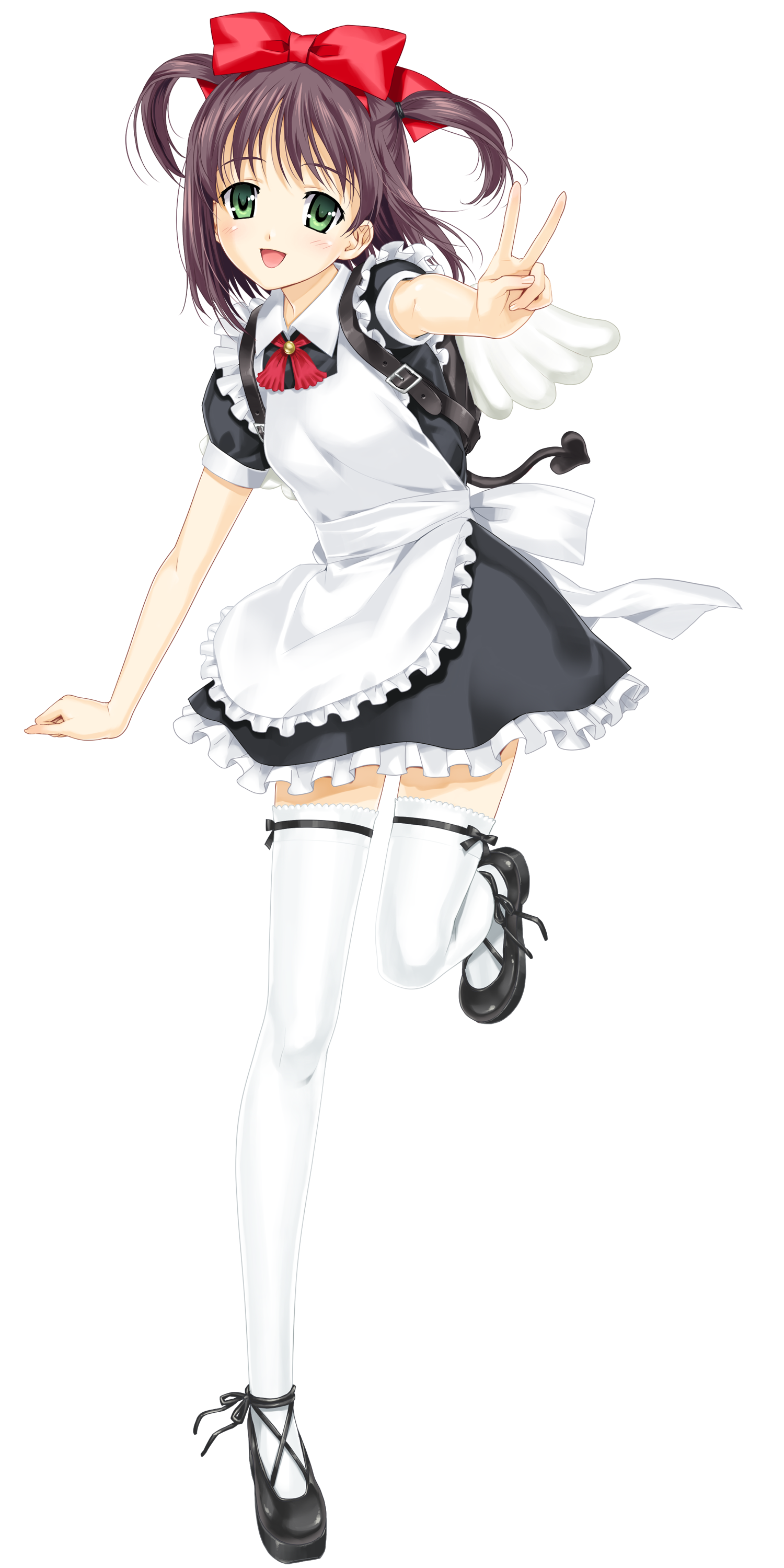 happoubi jin, hiroishi rin, zettai shougeki, absurdres, highres, 00s, 1girl, backpack, bag, bow, brown hair, female focus, full body, green eyes, maid, randoseru, smile, solo, thighhighs, transparent background, v, winged bag