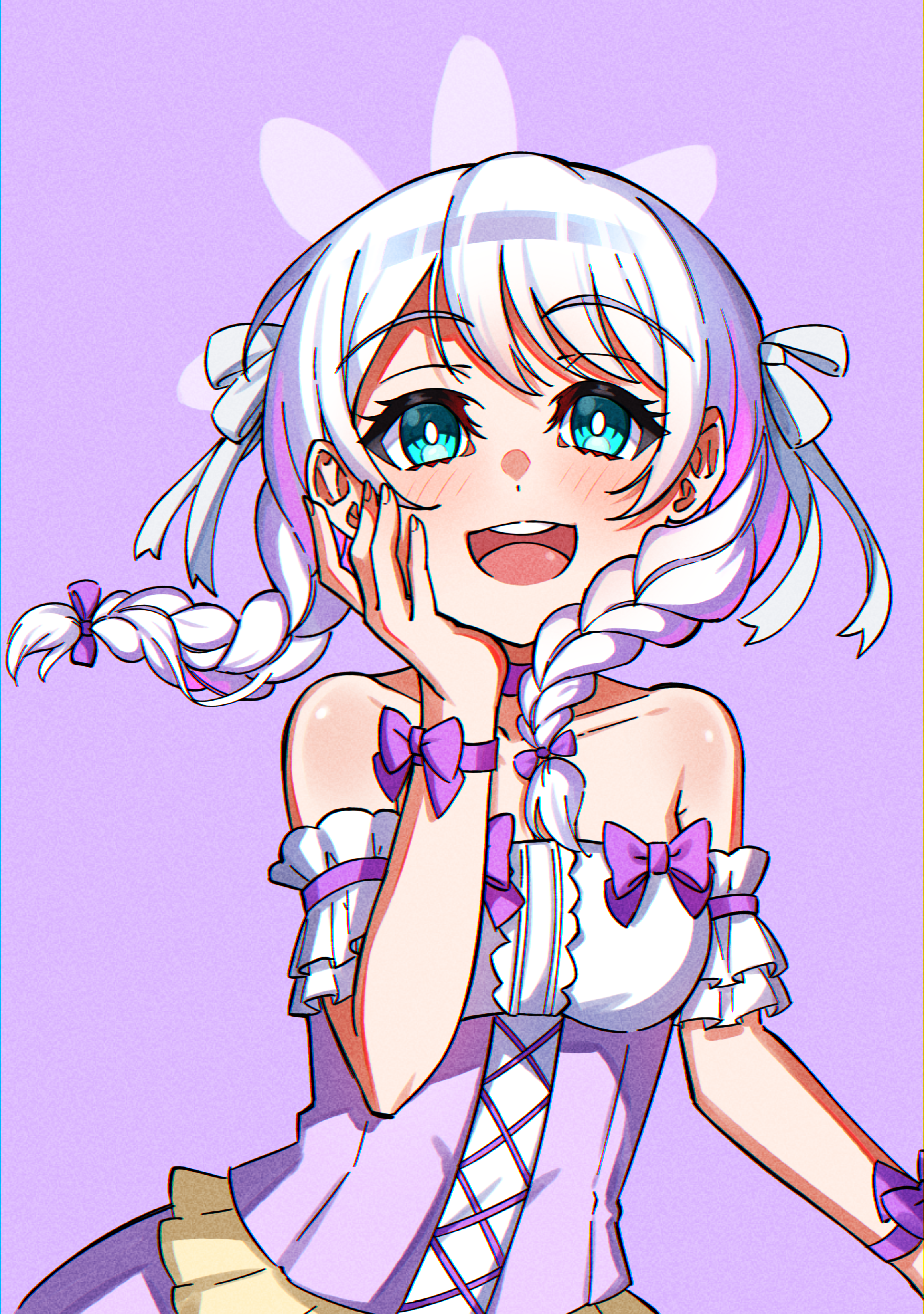 junji 17, wakamiya eve, bang dream!, absurdres, commentary, highres, 1girl, blue eyes, blush, bow, braid, choker, detached sleeves, dress, floating hair, hand on own cheek, hand on own face, long hair, looking at viewer, multicolored hair, open mouth, pink hair, purple background, purple bow, purple choker, purple dress, solo, strapless, strapless dress, streaked hair, teeth, twin braids, upper teeth only, white hair