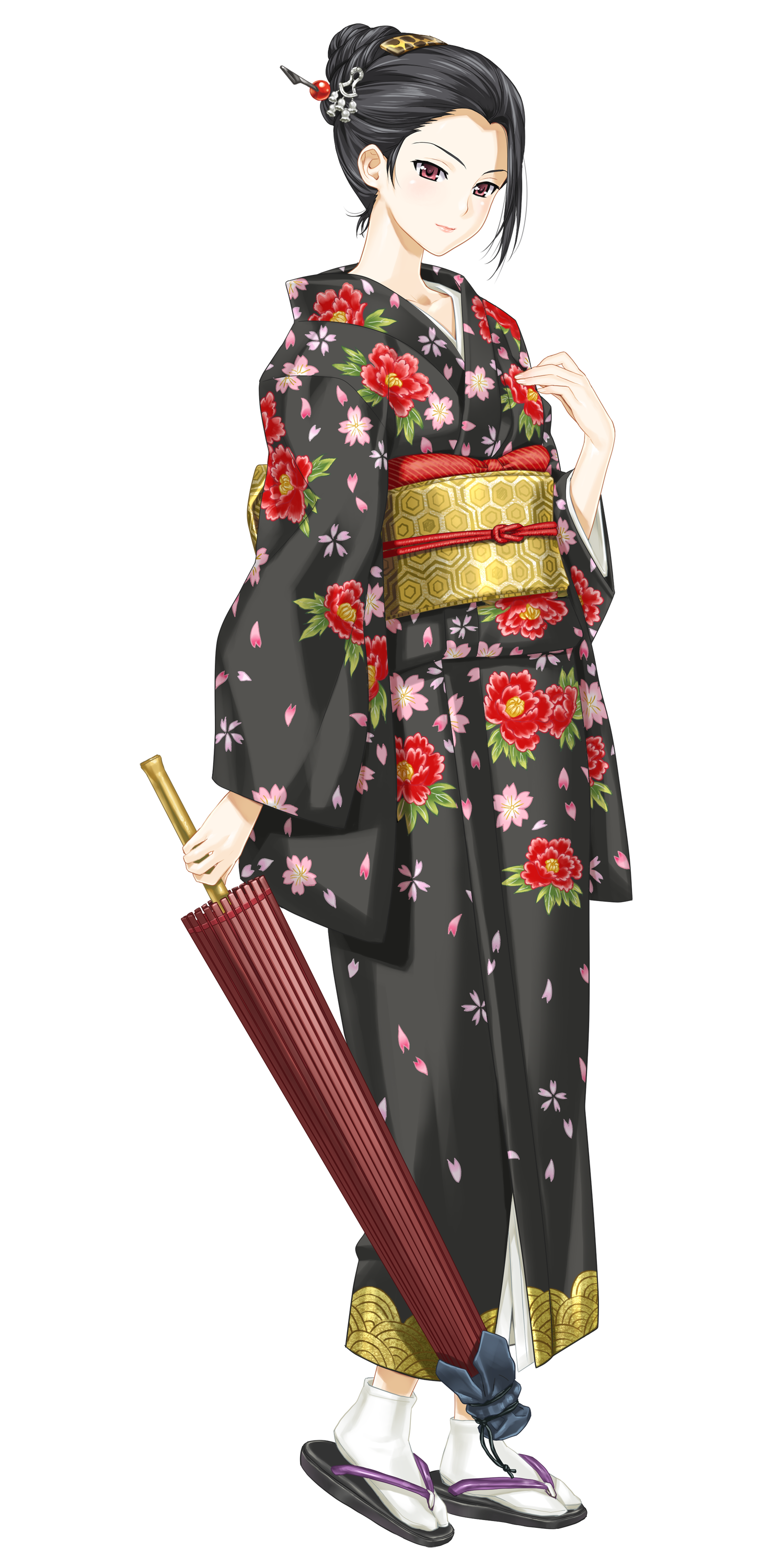 happoubi jin, daimonji saki, zettai shougeki, absurdres, highres, 00s, 1girl, black hair, blush, collarbone, female focus, full body, hair ornament, hairpin, japanese clothes, kimono, lips, oil-paper umbrella, red eyes, sandals, solo, standing, tabi, transparent background, umbrella