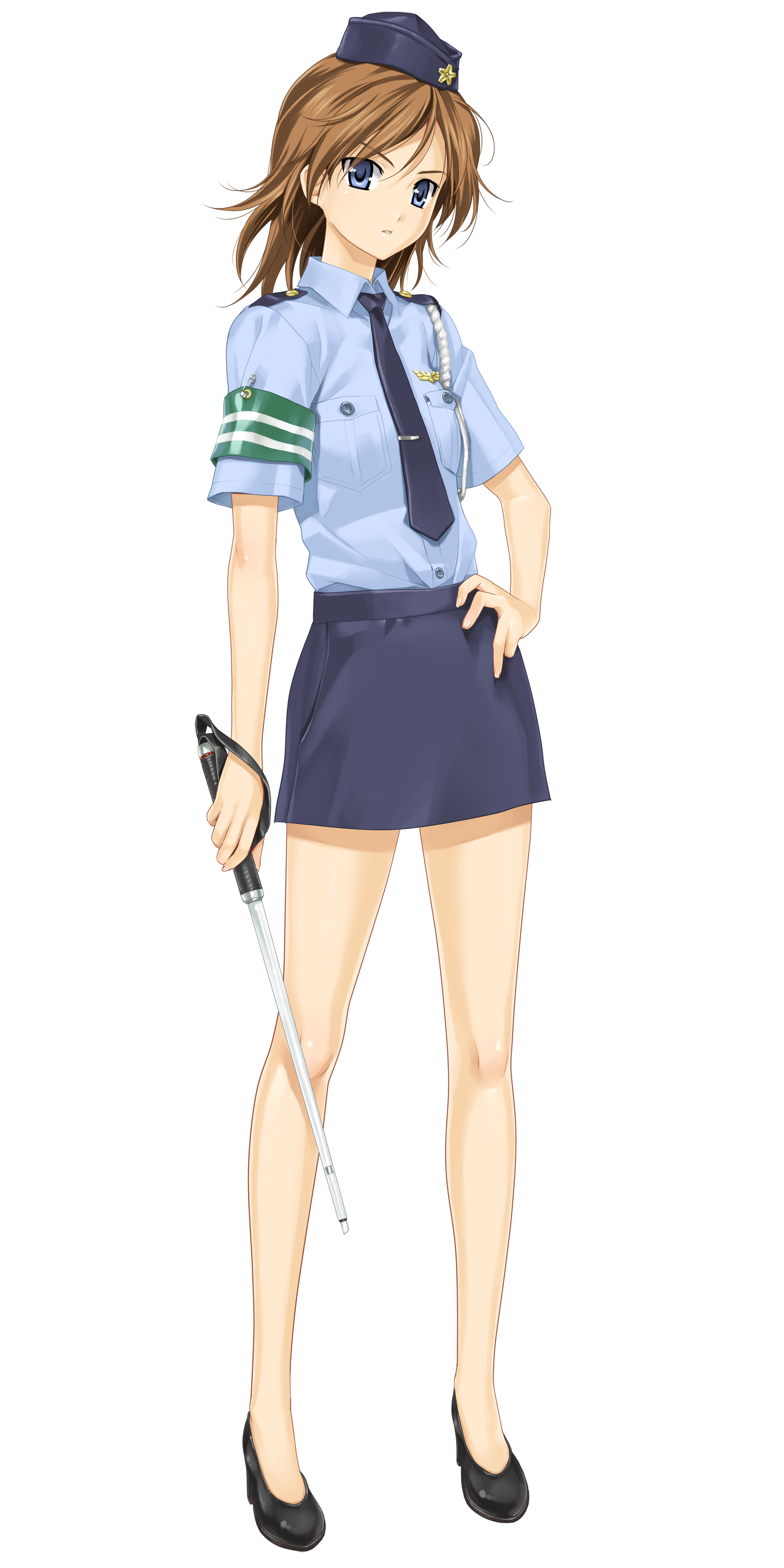 happoubi jin, daimonji yu, zettai shougeki, absurdres, highres, 00s, 1girl, blue eyes, brown hair, female focus, full body, hat, high heels, miniskirt, necktie, pencil skirt, police, police uniform, policewoman, shoes, skirt, solo, standing, transparent background