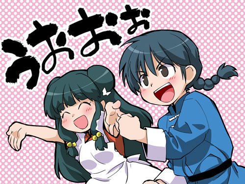 saotome ranma, shampoo (ranma 1/2), ranma 1/2, lowres, non-web source, 1boy, 1girl, black hair, braid, chinese clothes, double bun, hair bun, long hair, purple hair, sidelocks, simple background, single braid