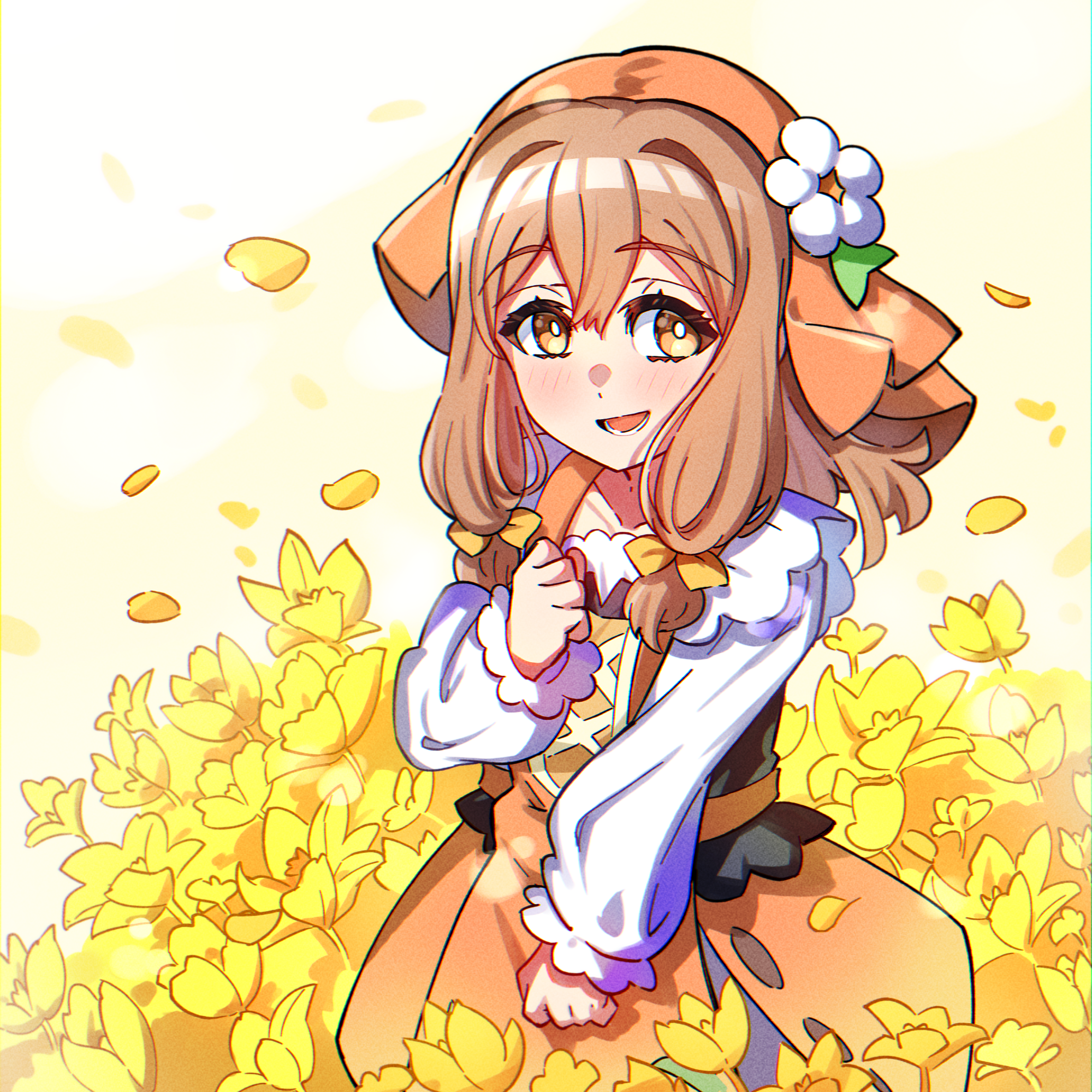 junji 17, hanamaru (genjitsu no yohane), kunikida hanamaru, genjitsu no yohane, love live!, love live! sunshine!!, commentary, highres, 1girl, blush, brown eyes, brown hair, brown skirt, flower, hair between eyes, long hair, long sleeves, low-tied sidelocks, lower teeth only, open mouth, shirt, sidelocks, skirt, solo, teeth, white shirt, yellow flower