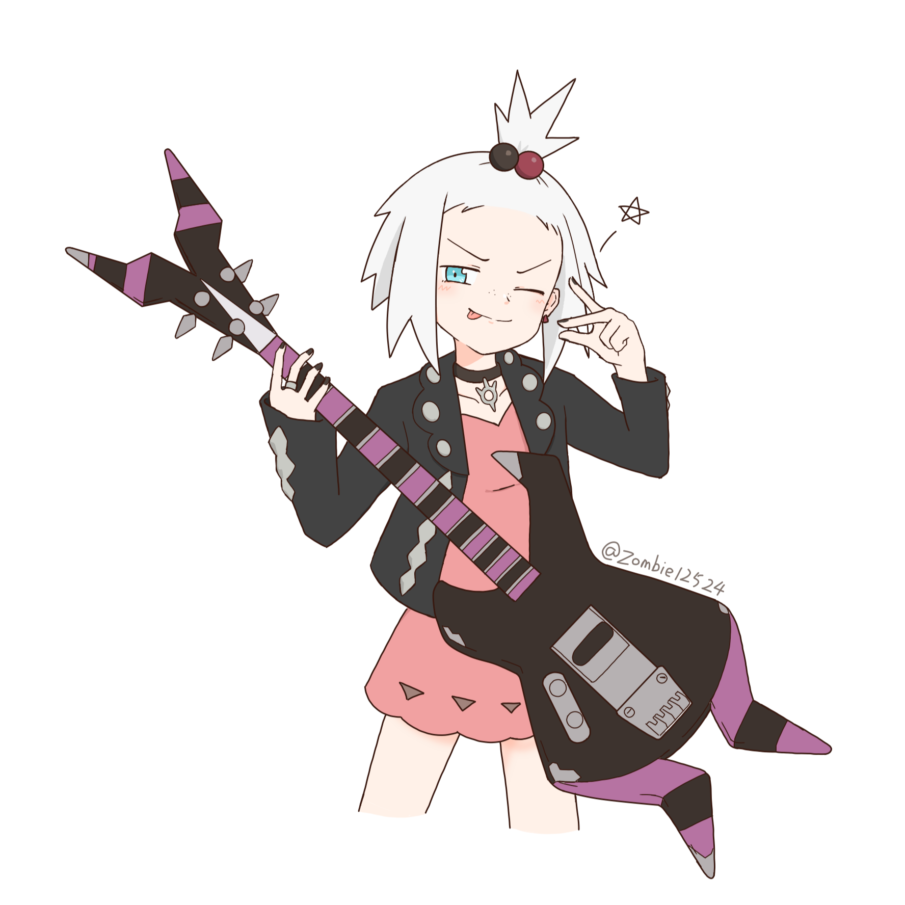 jiang jiang (swpv5248), marnie (pokemon), roxie (pokemon), nintendo, pokemon, pokemon bw2, pokemon swsh, chinese commentary, commentary request, highres, 1girl, ;p, black collar, black jacket, black nails, closed mouth, collar, collarbone, cosplay, dress, earrings, hair ornament, hands up, holding, holding instrument, instrument, jacket, jewelry, marnie (pokemon) (cosplay), nail polish, one eye closed, open clothes, open jacket, pink dress, ring, simple background, solo, split mouth, star (symbol), tongue, tongue out, topknot, twitter username, white background