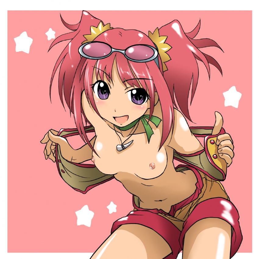 takaya n, tatsuno malm, climax entertainment, dinosaur king, sega, 00s, 1girl, blush, breasts, female focus, glasses, nipples, pink hair, purple eyes, ribbon, solo, topless female, twintails