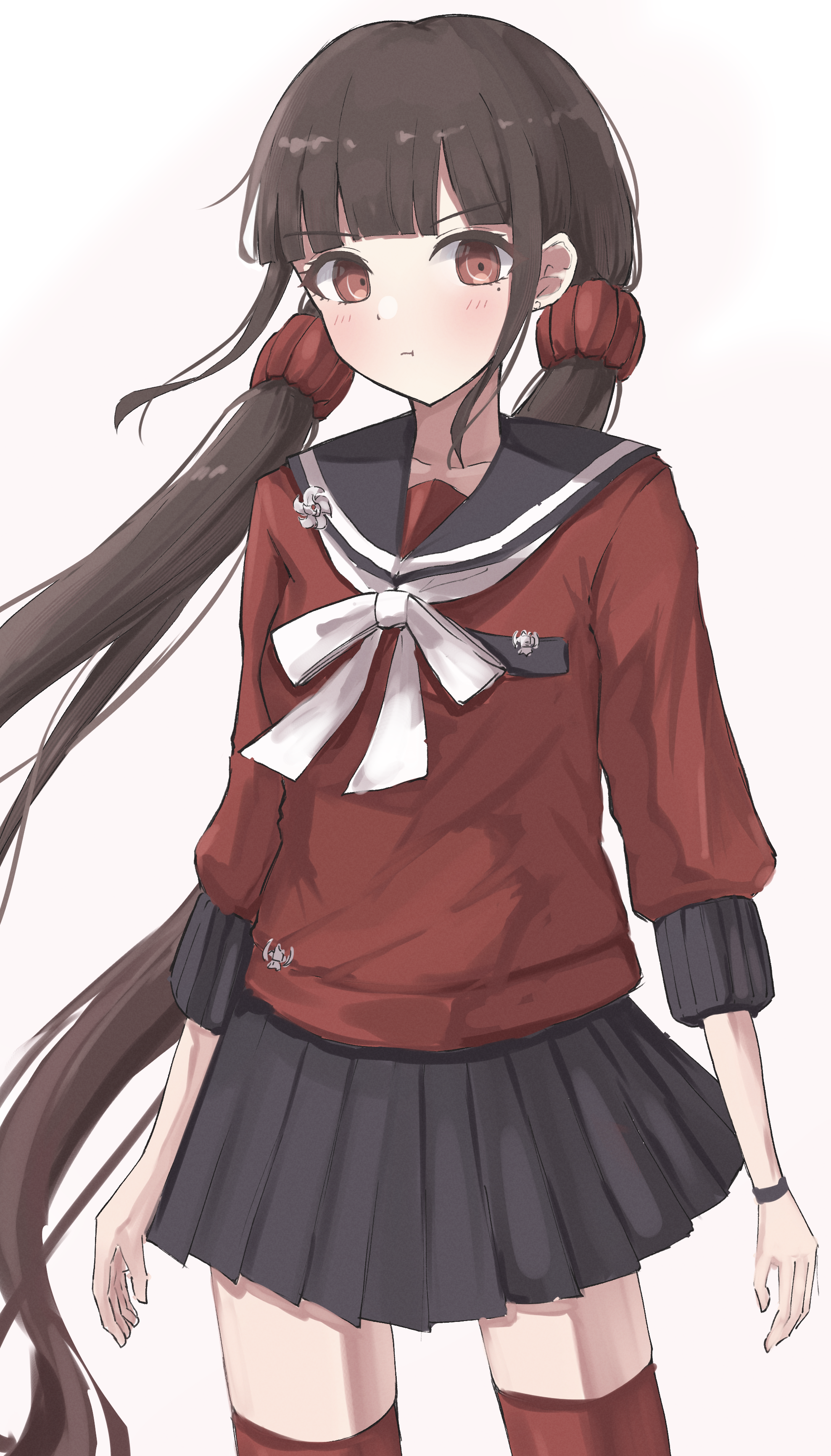 sangria, harukawa maki, danganronpa (series), danganronpa v3: killing harmony, absurdres, commentary request, highres, 1girl, black hair, black sailor collar, black skirt, blush, closed mouth, hair ornament, hair scrunchie, long hair, looking at viewer, mole, mole under eye, neck ribbon, pleated skirt, pout, red eyes, red shirt, ribbon, sailor collar, scrunchie, shirt, simple background, skirt, solo, twintails, very long hair, white background, white ribbon
