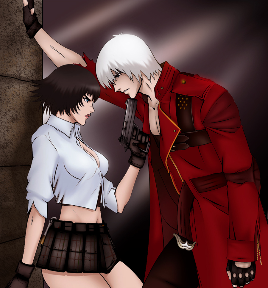 dante (devil may cry), lady (devil may cry), capcom, devil may cry, devil may cry (series), devil may cry 3, 00s, 1boy, 1girl, breasts, cleavage, gun, handgun, large breasts, lipstick, makeup, midriff, miniskirt, pistol, scar, scar on face, scar on nose, semi-automatic pistol, skirt, weapon, white hair