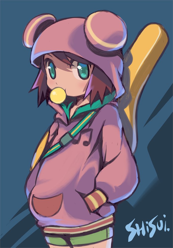 shisui, sonia strumm (mega man), mega man (series), mega man star force (series), 1girl, artist name, blowing bubble gum, chewing gum, green eyes, green shorts, guitar case, hands in pockets, hood, hood up, hoodie, instrument case, long sleeves, looking at viewer, pink hoodie, puffy sleeves, red hair, short hair, shorts, solo