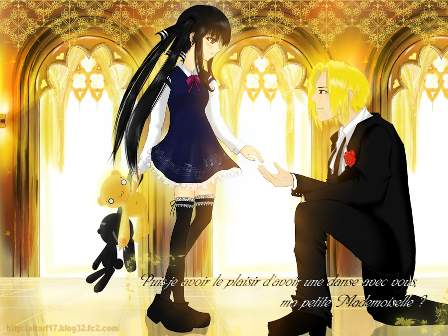 kooh (pangya), max, max (pangya), pangya, light, 1boy, 1girl, bear, black hair, blonde hair, dress, flower, long hair, music, red eyes, ribbon, rose, socks, thighhighs, twintails