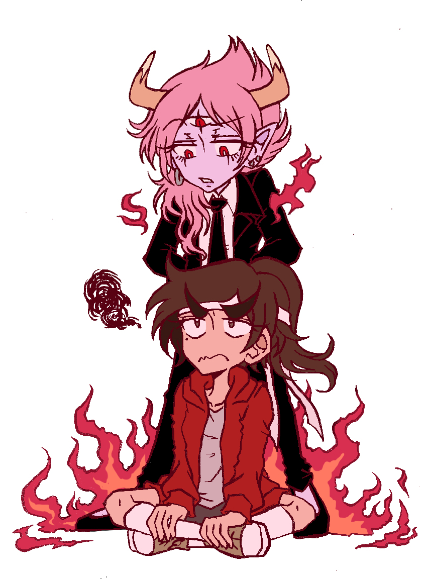 marco diaz, tom lucitor, star vs the forces of evil, alternate hair length, alternate hairstyle, brown hair, colored skin, demon girl, fire, frown, genderswap, genderswap (mtf), hood, hoodie, horns, long hair, mole, mole under eye, monster girl, official alternate hairstyle, pointy ears, purple skin, red hoodie, simple background, v-shaped eyebrows, yumichen
