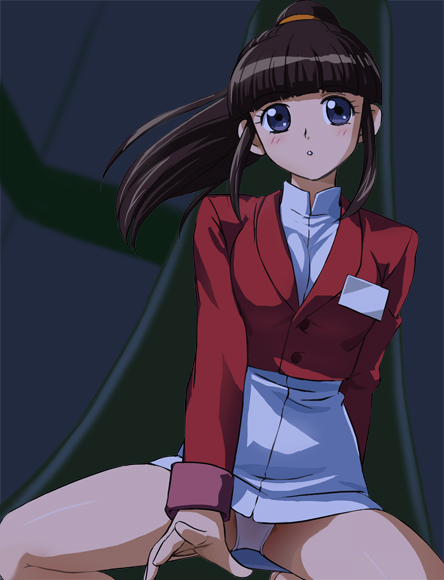 haruyama kazunori, tendou yuu (kikou sennyo rouran), kikou sennyo rouran, 00s, 1girl, :o, arm behind back, black hair, blazer, blue eyes, blunt bangs, blush, brown hair, buttons, chair, cropped jacket, dark, dress, dutch angle, female focus, floating hair, high ponytail, jacket, long hair, looking at viewer, miniskirt, name tag, panties, panty peek, pantyshot, parted lips, ponytail, red jacket, scrunchie, short dress, sidelocks, skirt, sleeve cuffs, solo, spread legs, squatting, turtleneck, underwear, upskirt, white panties