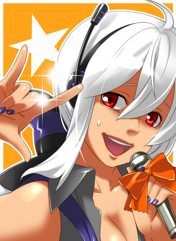 caffein, yowane haku, macross, macross frontier, vocaloid, 1girl, blue nails, female focus, m/, nail polish, parody, seikan hikou, solo