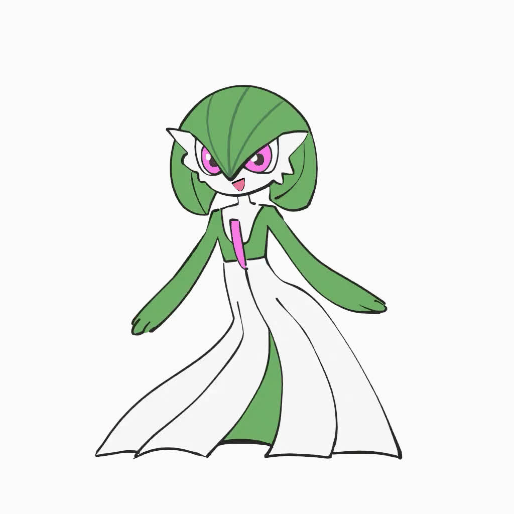 cchhii3, gardevoir, nintendo, pokemon, animated, looping animation, tagme, video, 1girl, bob cut, colored skin, dancing, female focus, flat chest, full body, gen 3 pokemon, green hair, green skin, hair between eyes, happy, looking at viewer, multicolored skin, open mouth, pink eyes, pokemon (creature), short hair, simple background, smile, solo, standing, two-tone skin, white background, white skin
