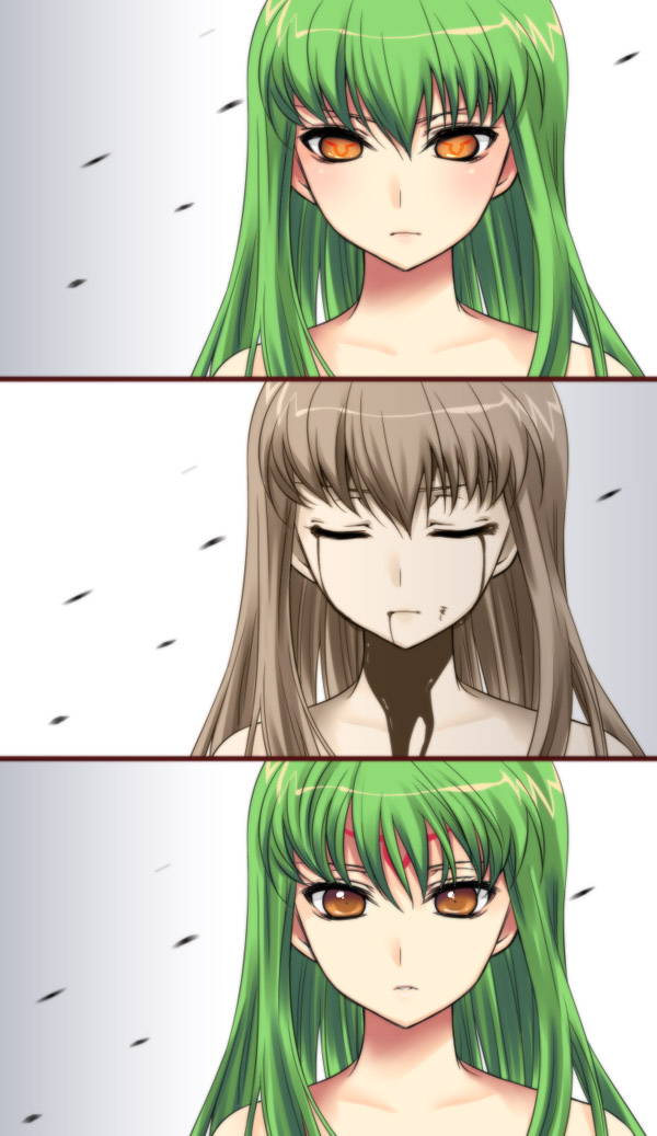 yukian, c.c., code geass, 00s, blood, blood on face, death, green hair, long hair, yellow eyes