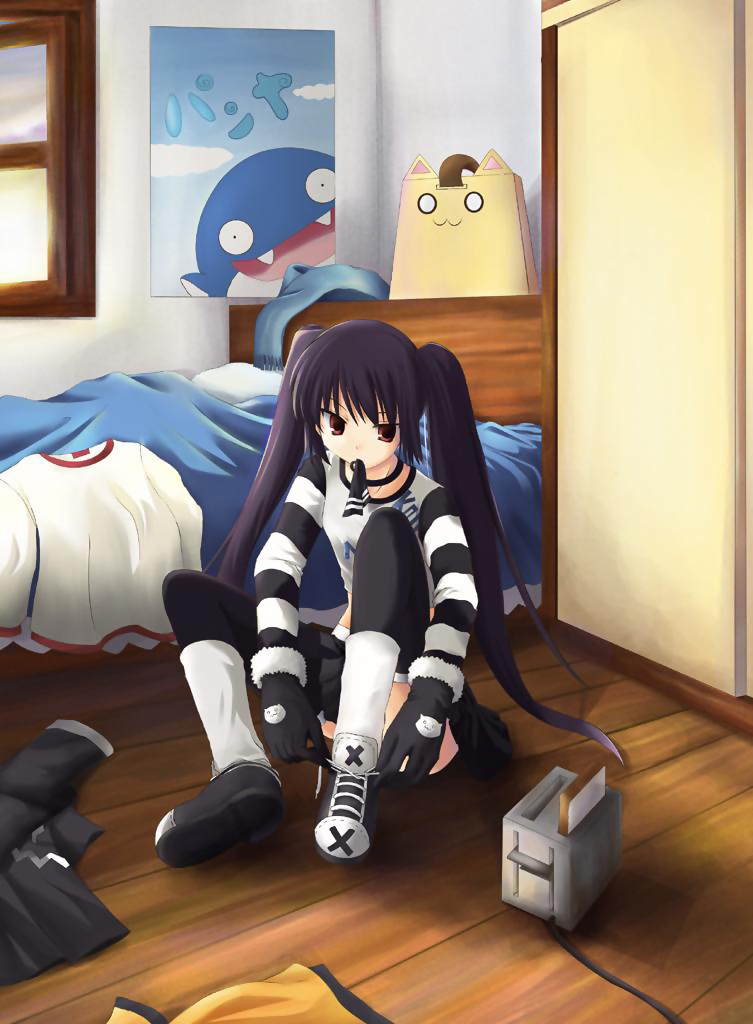 kooh (pangya), papel (pangya), pangya, 1girl, bed, bedroom, black hair, bread, bread slice, catbag, female focus, food, gloves, indoors, long hair, mouth hold, red eyes, ribbon, room, socks, solo, thighhighs, toast, toaster, twintails
