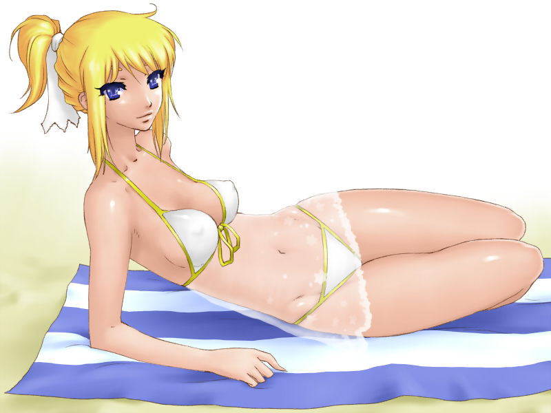 cecilia, cecilia (pangya), pangya, 1girl, bikini, blonde hair, blue eyes, female focus, ponytail, ribbon, sand, see-through clothes, solo, summer, swimsuit, white bikini