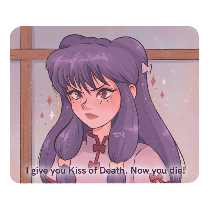 shampoo (ranma 1/2), ranma 1/2, non-web source, 1girl, chinese clothes, double bun, hair bun, long hair, purple hair, sidelocks, sparkle, white background