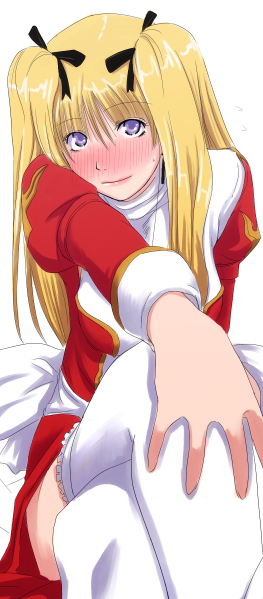 mr.romance, high priest (ragnarok online), ragnarok online, 1girl, blonde hair, blue eyes, blush, crossed legs, female focus, foreshortening, long sleeves, looking at viewer, simple background, sitting, sleeve cuffs, solo, thighhighs, white background, white thighhighs