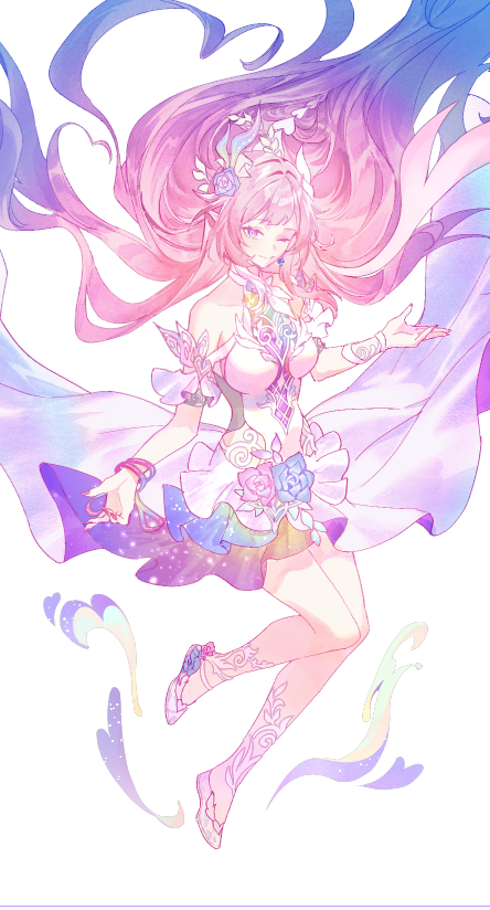 lynnear, cyrene (honkai: star rail), cyrene (ripples of past reverie) (honkai: star rail), honkai: star rail, honkai (series), commentary, symbol-only commentary, 1girl, ;), bare shoulders, blue hair, breasts, detached sleeves, dress, flower, hair flower, hair ornament, halo, high heels, large breasts, long hair, looking at viewer, multicolored hair, one eye closed, pink hair, pointy ears, purple eyes, simple background, smile, solo, thighs, two-tone hair, very long hair, white background, white dress