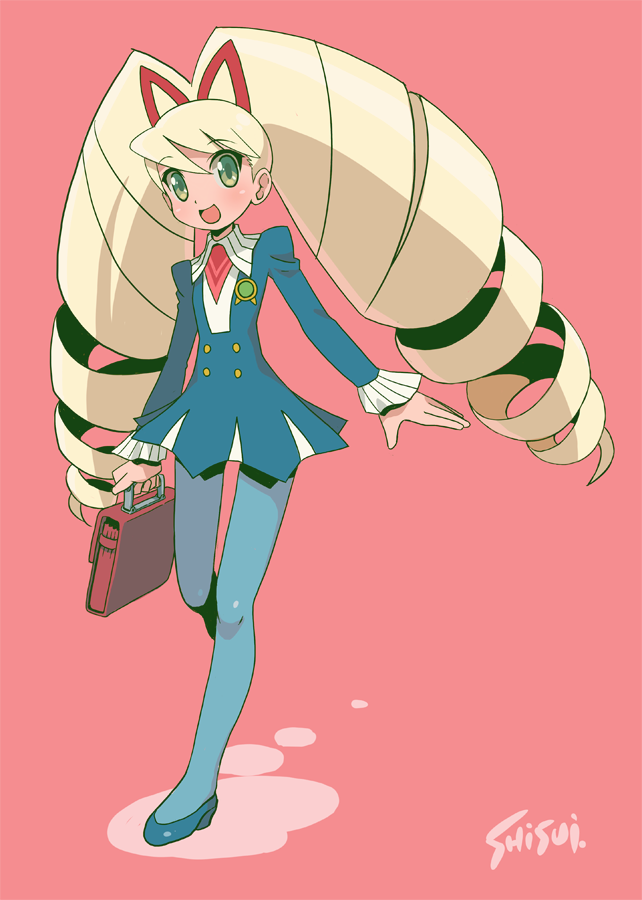 shisui, luna platz (mega man), mega man (series), mega man star force (series), 1girl, :d, artist name, blonde hair, blue dress, blue pantyhose, blue shoes, bow, briefcase, dress, drill hair, full body, green eyes, hair bow, holding, holding briefcase, long hair, long sleeves, looking at viewer, open mouth, pantyhose, red background, red bow, school briefcase, shoes, smile, solo, standing, standing on one leg, twin drills, very long hair
