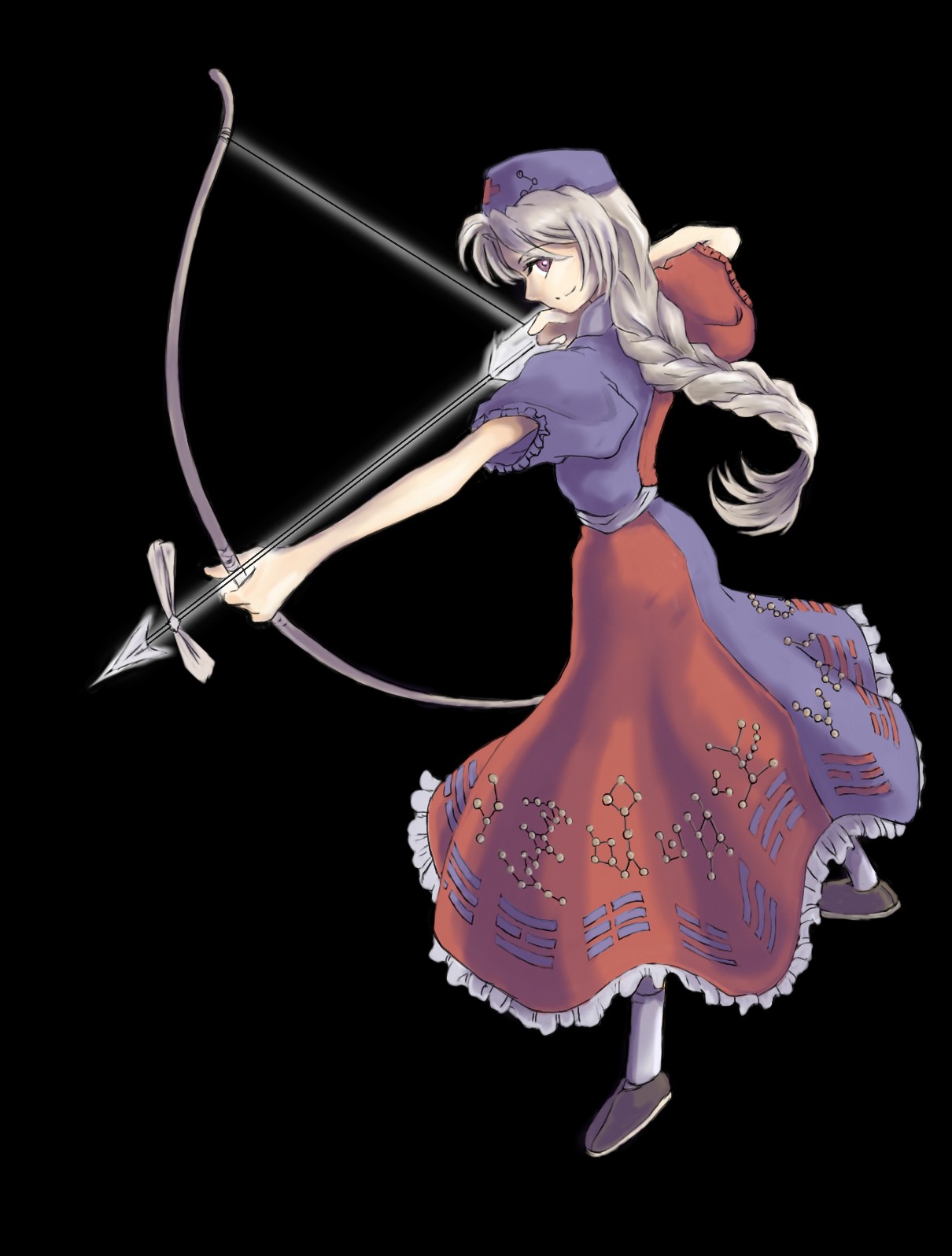 amano takumi, yagokoro eirin, touhou, highres, 1girl, bow (weapon), female focus, solo, trigram, weapon