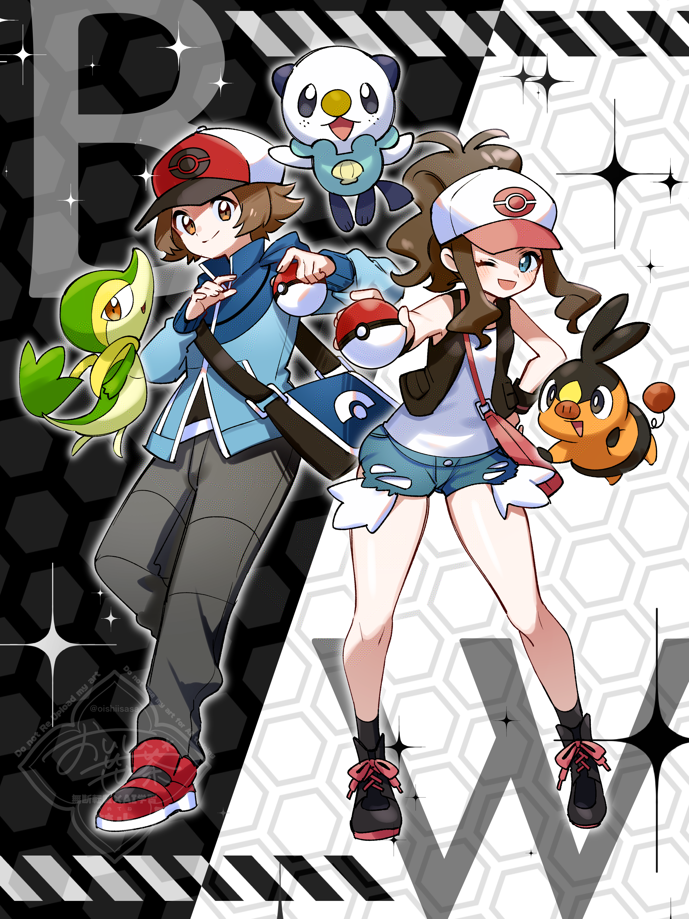 oishii sasa, hilbert (pokemon), hilda (pokemon), oshawott, snivy, tepig, nintendo, pokemon, pokemon bw, absurdres, commentary request, highres, 1boy, 1girl, ;d, bag, black boots, black socks, black vest, blue jacket, boots, brown eyes, brown hair, closed mouth, exposed pocket, gen 5 pokemon, hat, holding, holding poke ball, jacket, knees, long sleeves, one eye closed, open clothes, open mouth, open vest, pants, poke ball, poke ball (basic), pokemon (creature), red shoes, shirt, shoes, short hair, shorts, shoulder bag, sidelocks, smile, socks, sparkle, standing, starter pokemon trio, vest, wristband