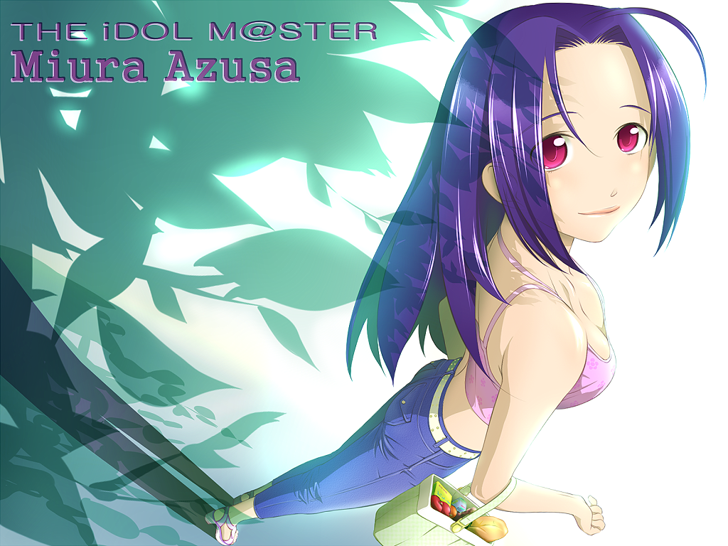 monmari, miura azusa, idolmaster, idolmaster (classic), idolmaster 1, 00s, 1girl, bare shoulders, blush, breasts, character name, cleavage, copyright name, downblouse, female focus, from above, long hair, looking at viewer, looking up, medium breasts, purple eyes, purple hair, solo