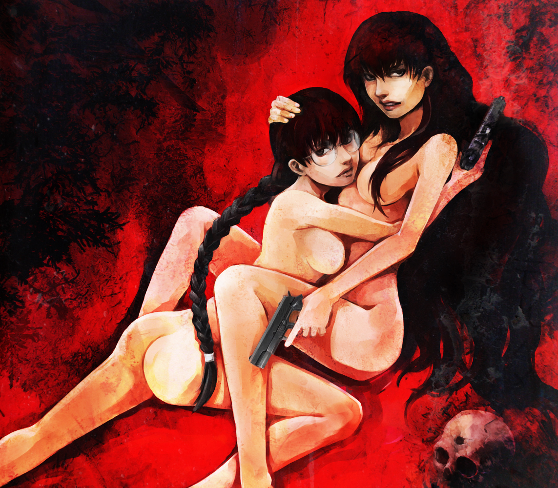 hironox, roberta (black lagoon), black lagoon, 00s, 2girls, ass, black hair, braid, breasts, dual persona, glasses, gun, hug, long hair, medium breasts, multiple girls, nude, selfcest, skull, weapon, yuri