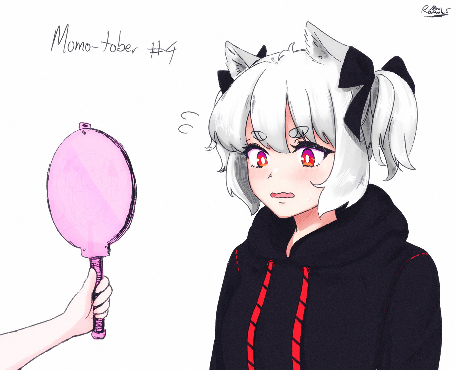 ramnik5, himekaidou hatate, inubashiri momiji, touhou, commentary, english commentary, highres, 2girls, :s, alternate hairstyle, animal ears, black bow, black hoodie, blush, bow, disembodied hand, double-parted bangs, drawstring, english text, flying sweatdrops, hair between eyes, hair bow, hand mirror, holding, holding mirror, hood, hoodie, long sleeves, looking at mirror, makeover, mirror, multiple girls, open mouth, red eyes, short hair, signature, simple background, solo focus, two side up, upper body, white background, wolf ears, wolf girl
