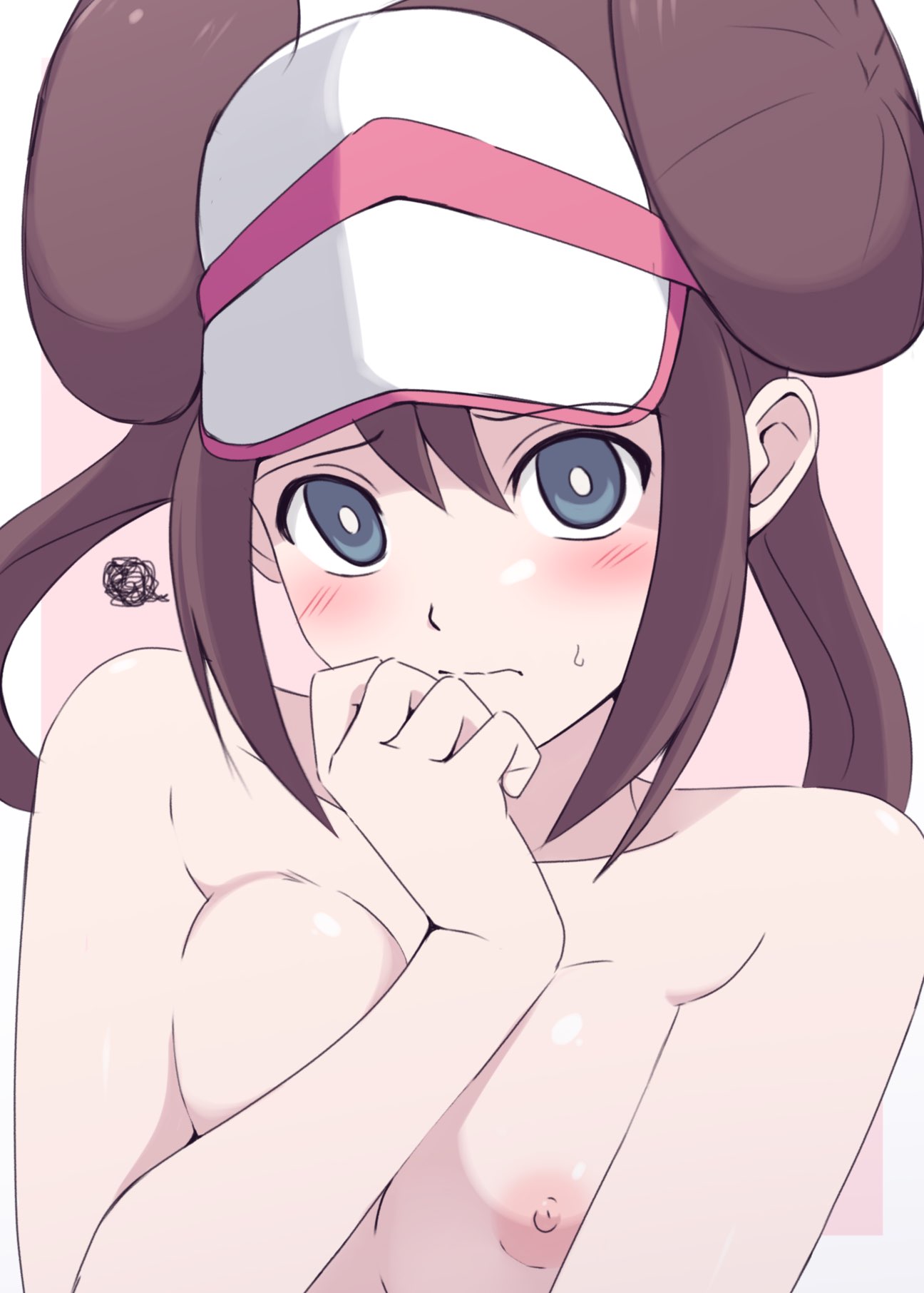 lelie (lelie link), rosa (pokemon), nintendo, pokemon, pokemon bw2, commentary request, highres, 1girl, blush, breasts, bright pupils, brown hair, closed mouth, collarbone, double bun, grey eyes, hair bun, hand up, long hair, looking at viewer, nipples, sidelocks, solo, squiggle, sweatdrop, twintails, upper body, visor cap, white pupils