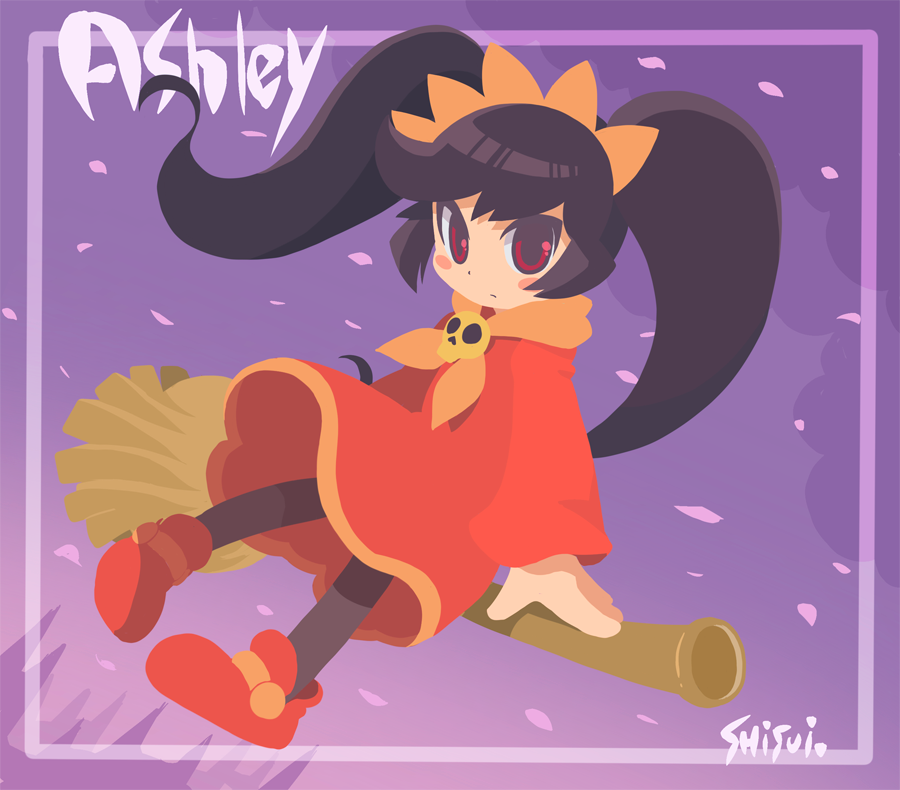 shisui, ashley (warioware), nintendo, warioware, 1girl, artist name, black hair, black pantyhose, broom, broom riding, character name, closed mouth, dress, full body, hairband, long hair, long sleeves, looking at viewer, neckerchief, no lineart, orange hairband, orange neckerchief, pantyhose, purple background, red dress, red eyes, red shoes, shoes, skull ornament, solo, twintails