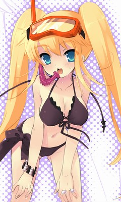 ito noizi, yuuki nona, nanatsuiro drops, lowres, official art, 00s, 1girl, :o, alternate hair color, aqua eyes, arm support, bent over, bikini, black bikini, blonde hair, blush, bracelet, breasts, cleavage, covered erect nipples, diving mask, female focus, front-tie top, goggles, jewelry, large breasts, leg hold, long hair, navel, nona yuuki, open mouth, polka dot, polka dot background, ring, side-tie bikini bottom, sideboob, snorkel, solo, standing, swimsuit, twintails, very long hair, wet, wristband