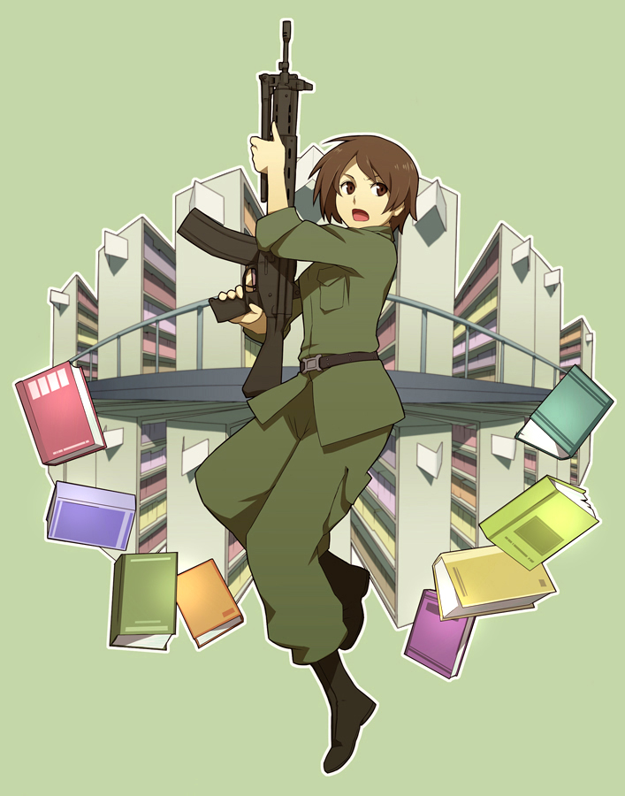 yow, kasahara iku, toshokan sensou, bad id, bad pixiv id, 00s, 1girl, assault rifle, book, bookshelf, brown hair, green background, gun, military, military uniform, open mouth, rifle, short hair, sleeves rolled up, weapon