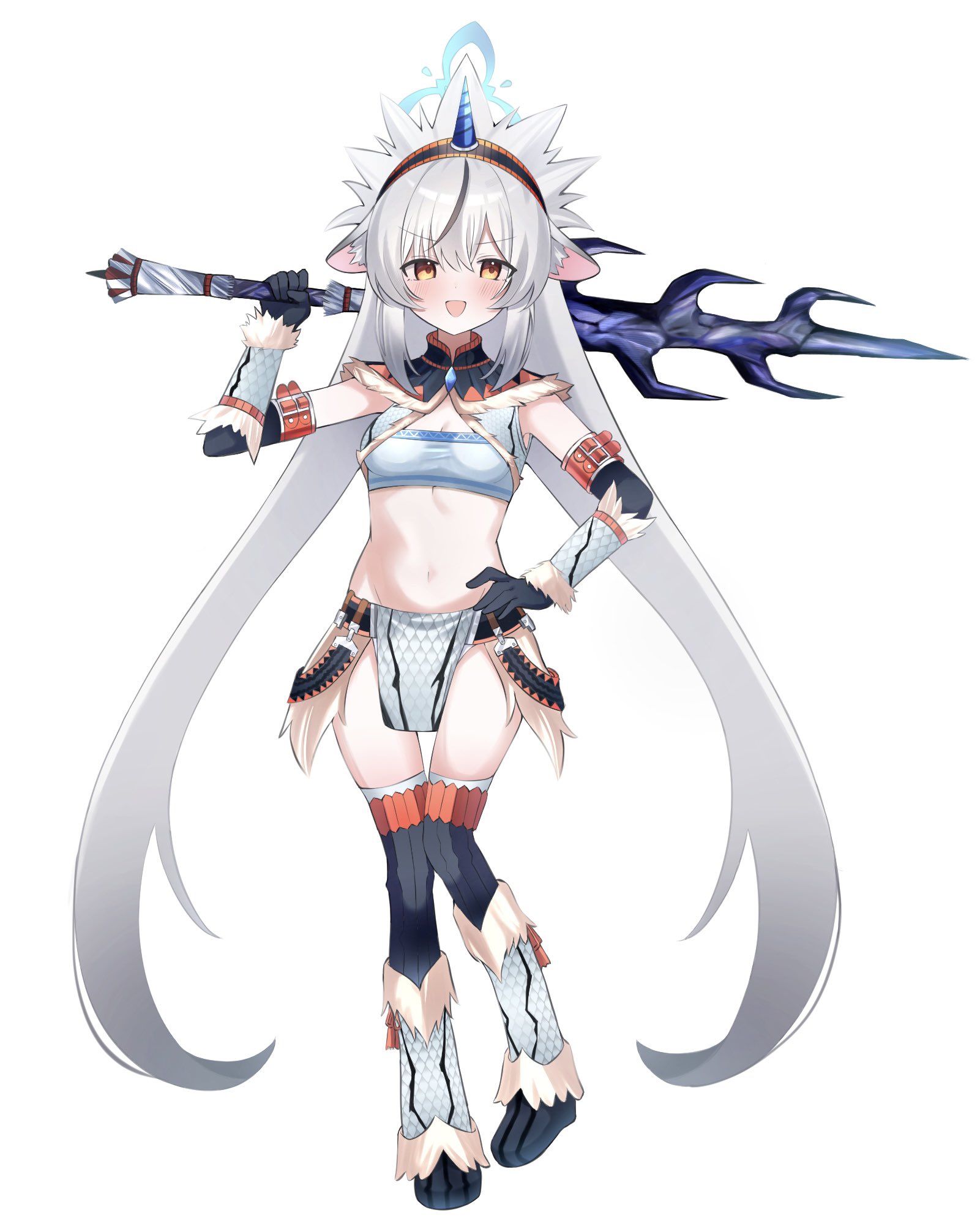 preste, kokona (blue archive), blue archive, monster hunter (series), highres, 1girl, absurdly long hair, blush, boots, breasts, cleavage, dot nose, gloves, grey hair, holding, holding weapon, kirin (armor), long hair, looking at viewer, midriff, navel, open mouth, pelvic curtain, petite, simple background, solo, stomach, thigh boots, thighs, very long hair, weapon, white background